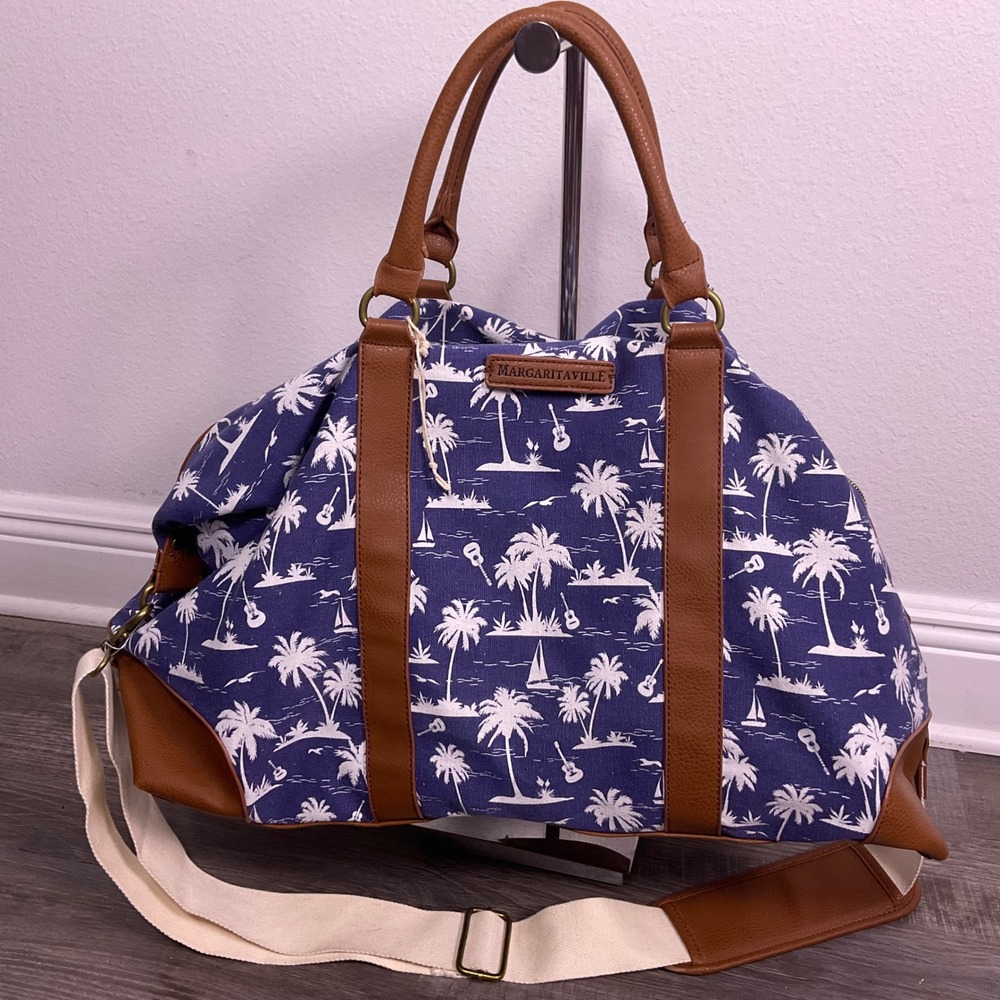 Margaritaville navy tropical mommas cotton and leather weekender duffle bag trip